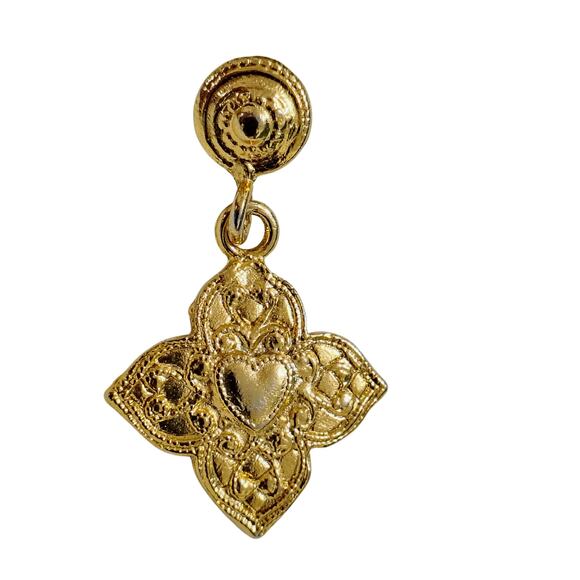 1980s Bali Design Gold Tone Filigree Heart on Cross Pierced Dangling Earrings - Picture 3 of 3